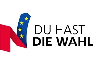 Grafik mit dem Spruch: Du hast die Wahl. Neben dem Spruch in schwarzer Schrift ist links ein Banner mit einer angedeuteten Europaflagge abgebildet. © Europäische Union